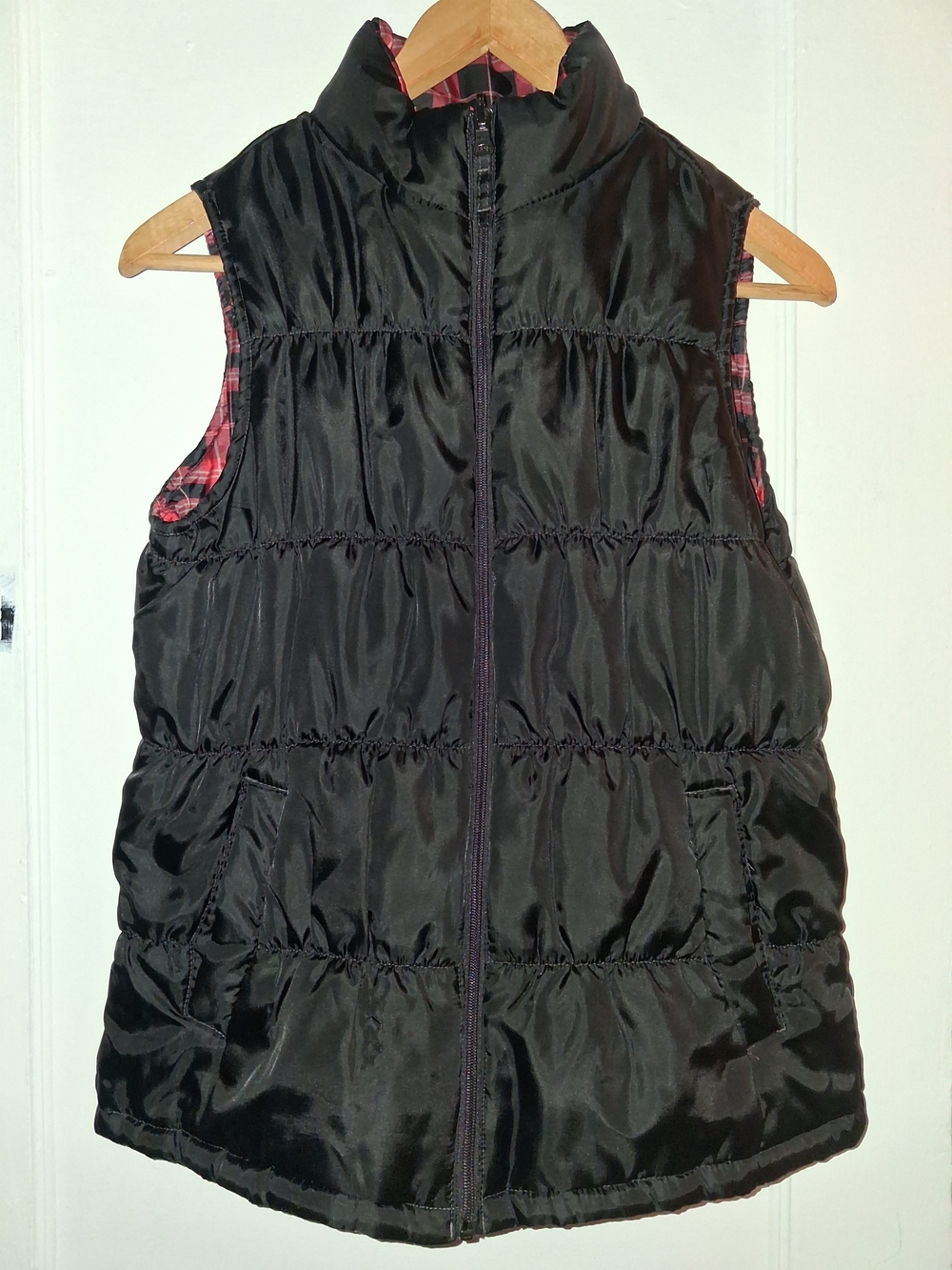 Black Quilted Puffer Vest with Red Plaid Lining Reversible